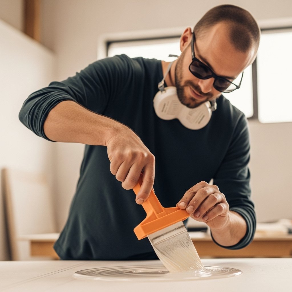 Personne appliquant de la résine acrylique sur une surface, illustrant la facilité d'utilisation
