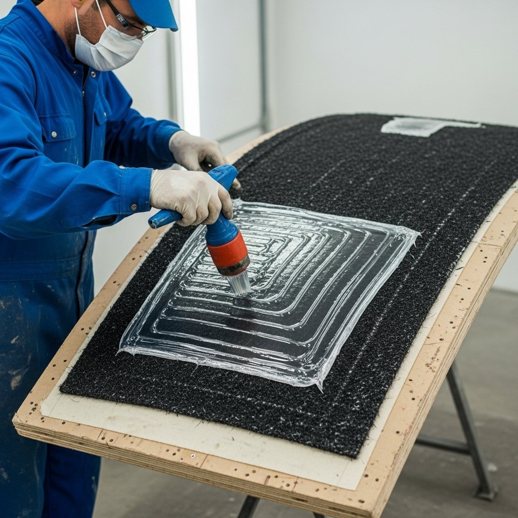 Professionnel appliquant de la résine sur un tissu de stratification pour créer une pièce composite