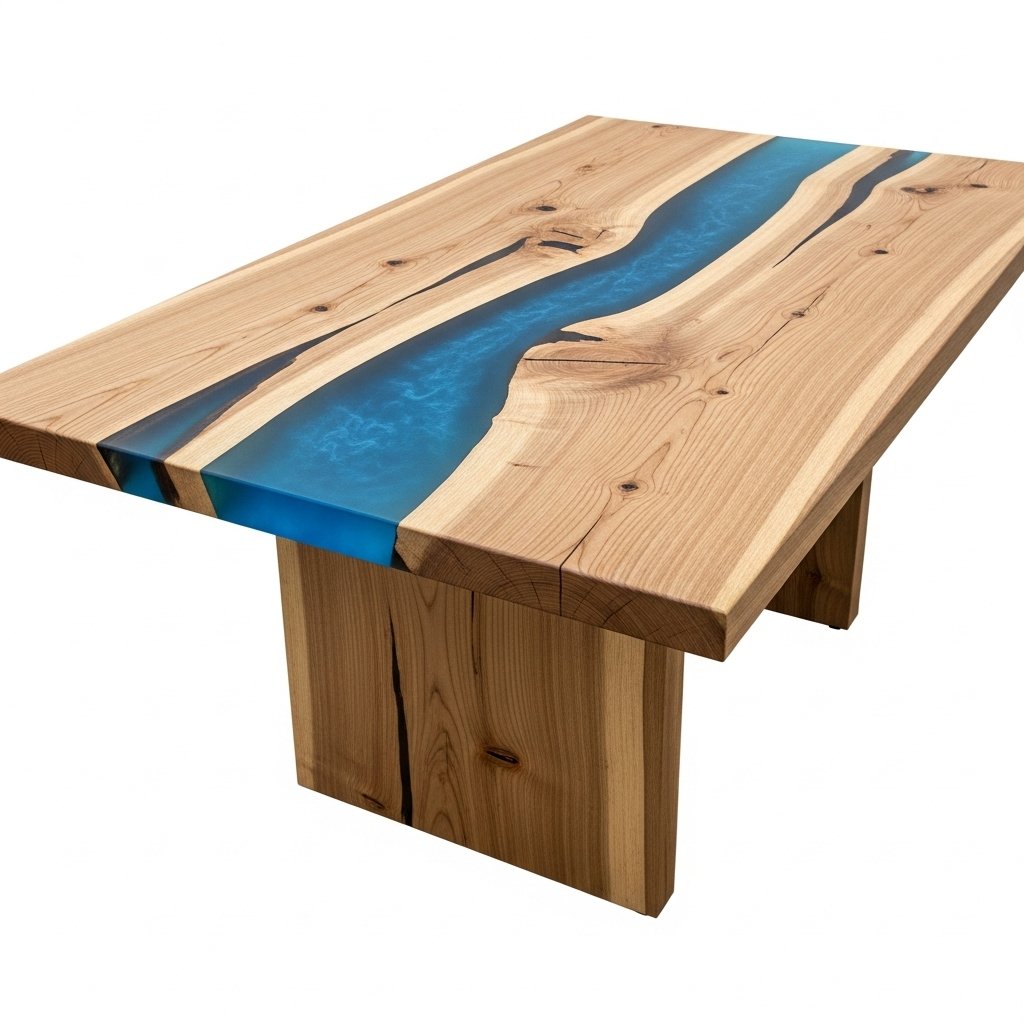 Table rivière en bois et résine époxy bleue